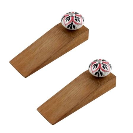2 Pieces Black Pink Floral Crackle Ceramic Wooden Door Stopper